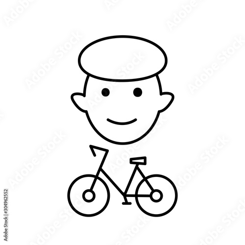 Bicycle rental and sharing. Bicycle and boy. Male client of a public bike in a car sharing mobile service. Editable stroke outline man share bicycle vector icon for web design isolated