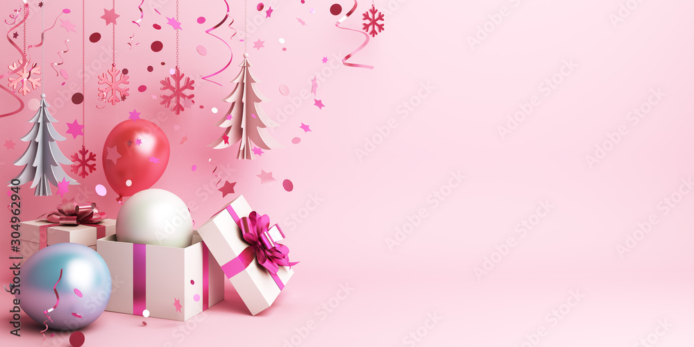 Winter abstract design creative concept, gift box, balloon, pine, spruce, fir tree art paper cut, hanging snow icon confetti glitter on pink background. Copy space text area. 3D illustration.