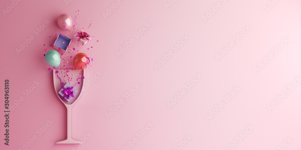 Happy New Year or birthday party design creative concept, drink glass, balloon, gift box, glittering confetti on pink background. Copy space text area, 3D rendering illustration.