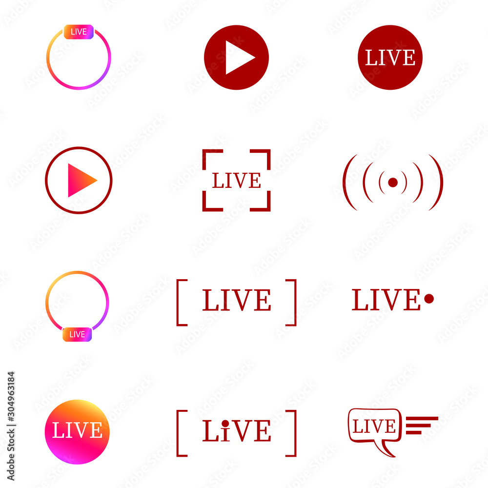 Live steam logo . Live video broadcast icon. Set of live streaming icons. Red symbols and buttons of live streaming, broadcasting, online stream.