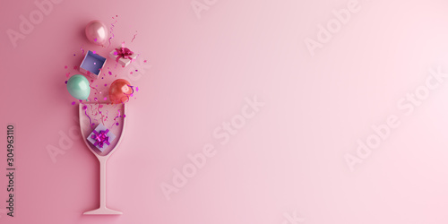 Happy New Year or birthday party design creative concept, drink glass, balloon, gift box, glittering confetti on pink background. Copy space text area, 3D rendering illustration.