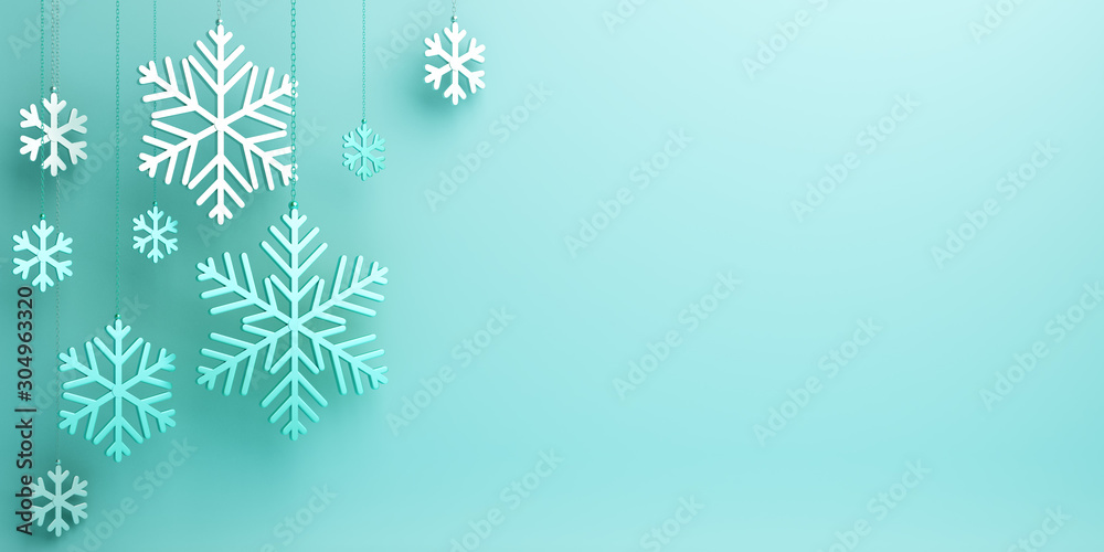 Winter abstract design creative concept, hanging snow icon confetti glitter on green mint background. 3D rendering illustration. Winter abstract design creative concept, hanging snow icon confetti glitter on green mint background. 3D rendering illustration.