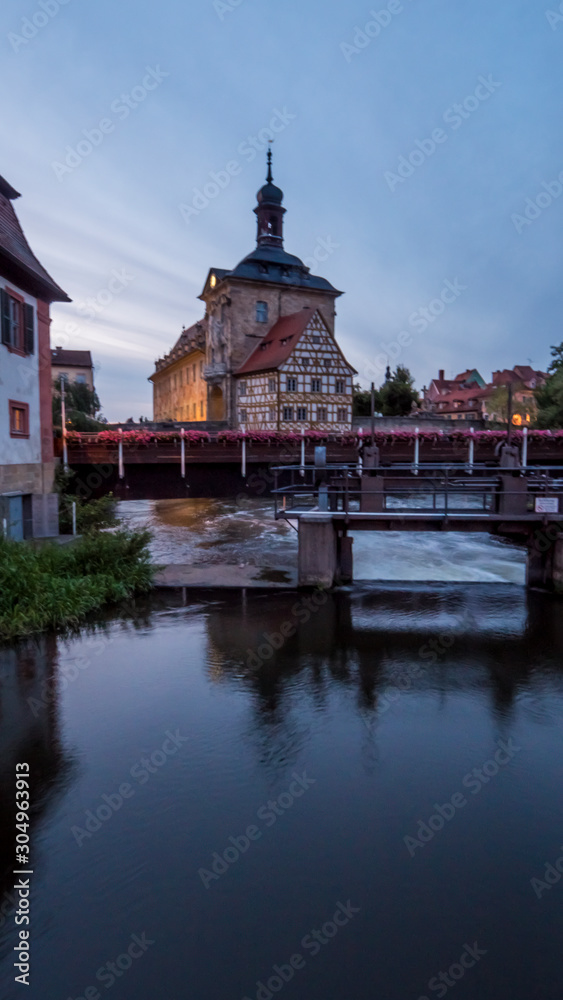 Town Hall, Altes Rathaus, and the Regnitz river in Bamberg