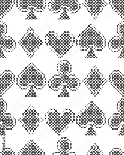 Card suits, diamonds, spades, hearts, clubs. Geometric background. Imitation cross stitch. Seamless decorative design.
