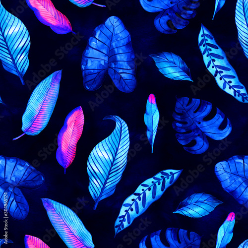 Foto Seamless watercolor tropic leaves pattern