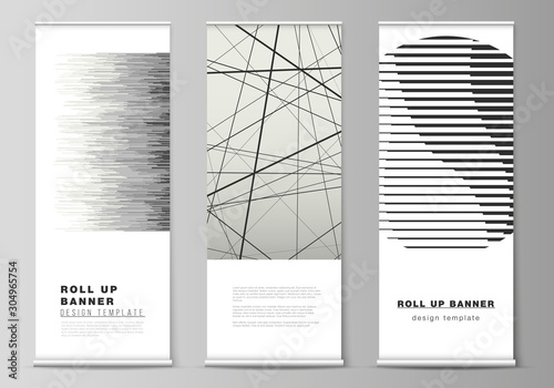 The vector layout of roll up banner stands, vertical flyers, flags design business templates. Geometric abstract background, futuristic science and technology concept for minimalistic design.