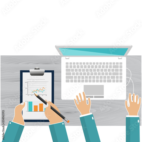 Work zone. People work in the office. Students with a notebook and a laptop compose a report and a diagram