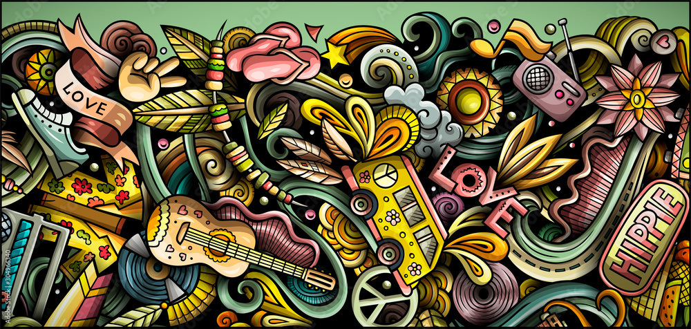 Fototapeta premium Hippie hand drawn doodle banner. Cartoon detailed illustrations.