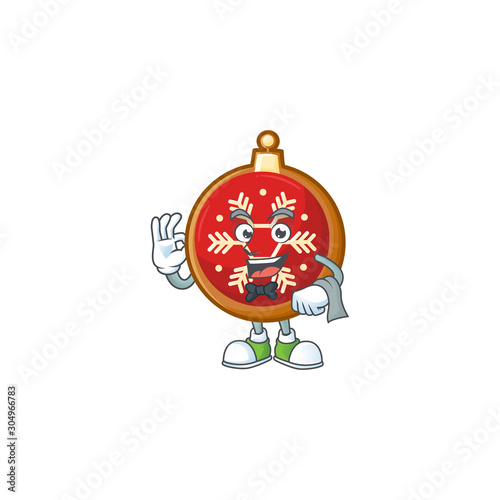Red christmas ball character on a stylized waiter look.