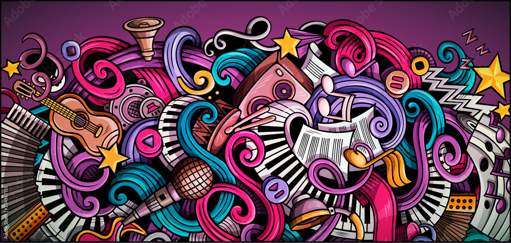 Music hand drawn doodle banner. Cartoon detailed illustrations.
