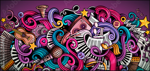 Music hand drawn doodle banner. Cartoon detailed illustrations.