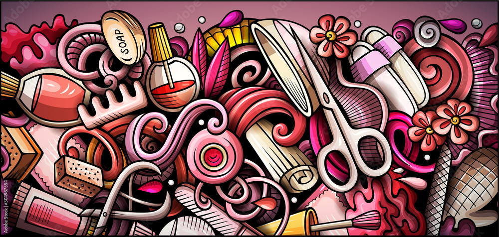 Obraz premium Nail salon hand drawn doodle banner. Cartoon detailed illustrations.