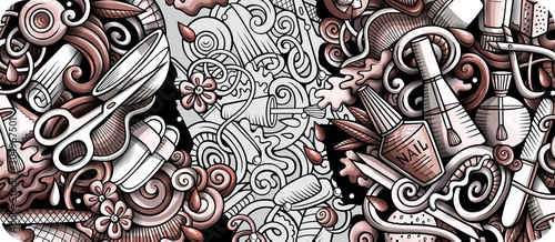 Nail salon hand drawn doodle banner. Cartoon detailed illustrations.