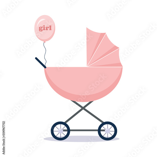 A pink stroller and a balloon with the word "girl" on it. Isolated on white background. Stock vector graphics.