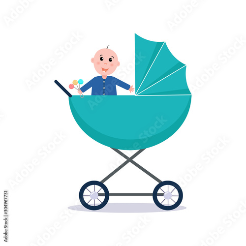 A blue stroller and a happy baby with a rattle. Isolated on white background. Stock vector graphics.