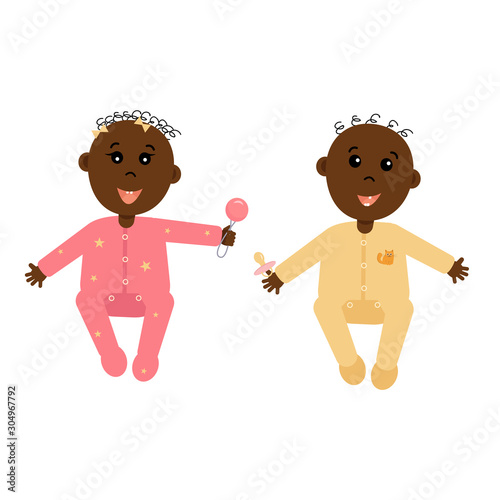 Two dark-skinned babies, a girl and a boy. Isolated on white background. Stock vector graphics.