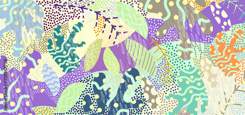 Artistic header with flowers and leaves. Graphic design. Hand drawn texture.