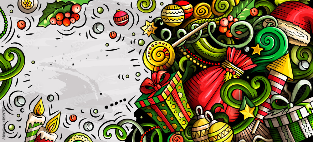 Fototapeta New Year hand drawn doodle banner. Cartoon detailed flyer.