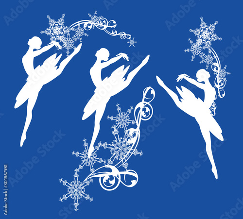 ballerina girl and snowflakes decor - winter season ballet dancer vector silhouette design set