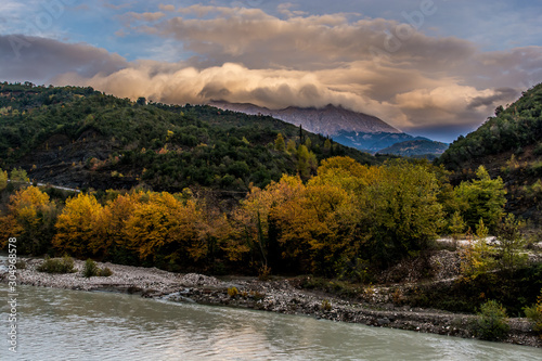 River arahthos in Tzoumerka Arta on cloudy day, Epirus, Greece
