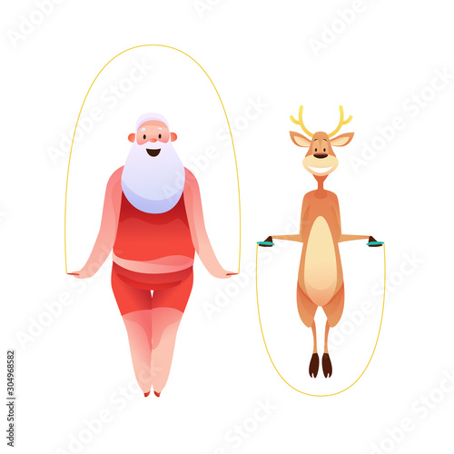Vector funny santa and reindeer doing sport