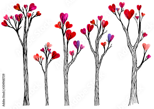 Trees with hearts Valentine's day vector illustration watercolor love contour