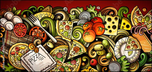 Pizza hand drawn doodle banner. Cartoon detailed flyer.