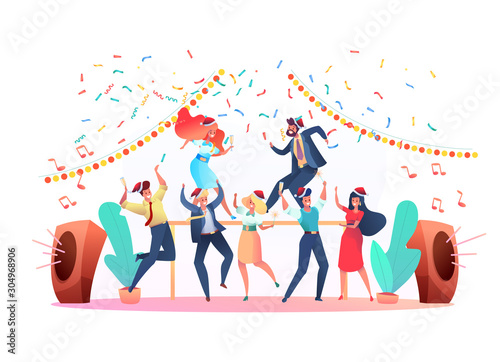 Vector flat office workers celebrate christmas a