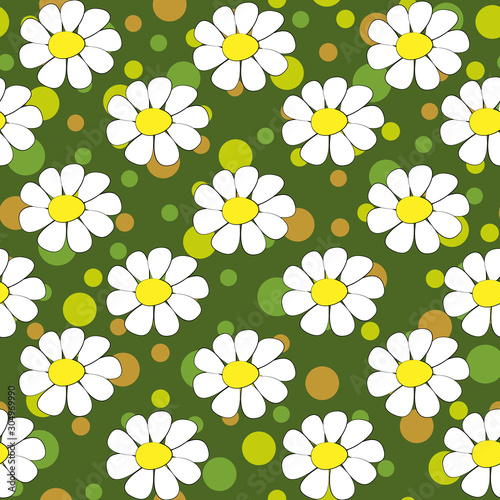 Vector seamless flower pattern. White daisies and orange with yellow and green peas on a dark green background. Сhamomile and circles on a monotonous field.Pattern for use on fabric, paper, glass.