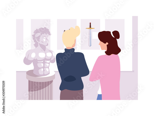 couple of people in contemporary art gallery, exhibition visitors viewing modern abstract paintings
