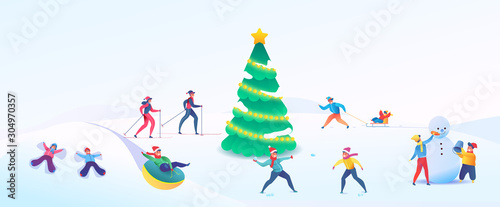 Vector people having fun outdoors at winter
