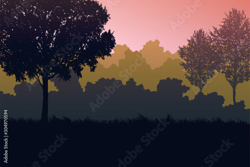 Natural forest Jungle orange horizon trees Landscape wallpaper Sunrise and sunset  Illustration vector style Colorful view background