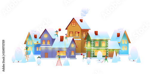 Vector winter city people decorate house christmas