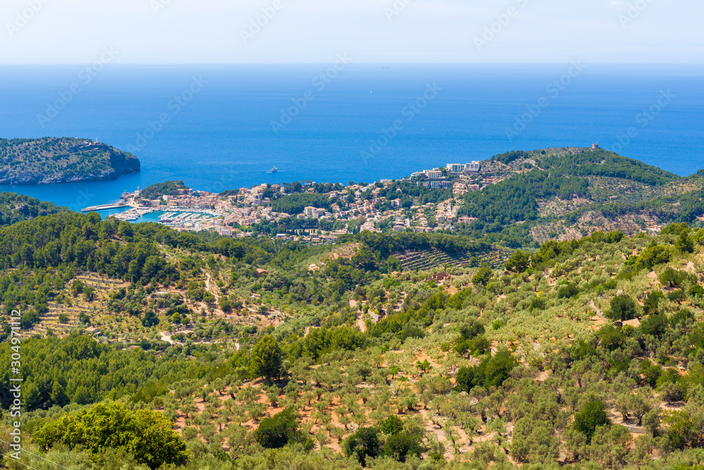 Beautiful bay of Port de Soller, a popular tourist destination. Baleares, Spain