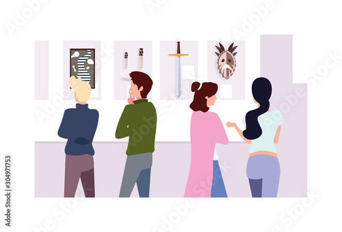 group of people in contemporary art gallery, exhibition visitors viewing modern abstract paintings