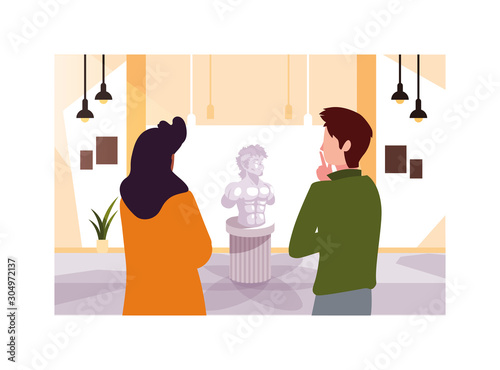 couple of people in contemporary art gallery, exhibition visitors viewing modern abstract paintings