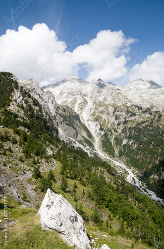 View of summit Jezerca in Albanian Alps from Valbona Pass during hike from Theth to Valbona