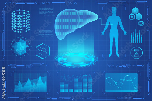 Human liver futuristic medical hologram vector illustration. Liver 3d model screening virtial reality interface. Diagrams, pie chart infographics. vr and ar medicine and healthcare icons.