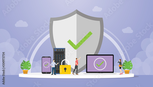 data protection concept with big shield and padlock with data server database with modern flat style - vector