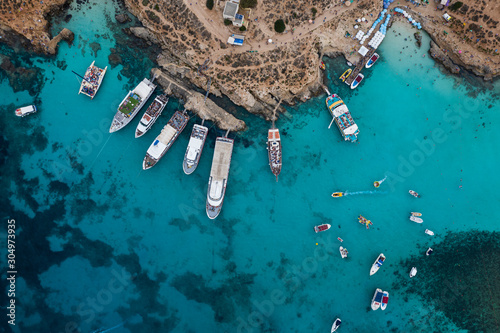 Aerial drone shot of Blue lagoon Gozo Malta Comino island. Best beaches of Mediterranean photo