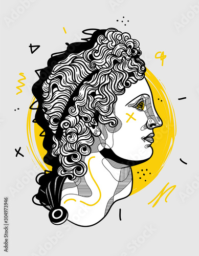 Samolepka The Apollo Belvedere sculpture. Creative geometric yellow style.