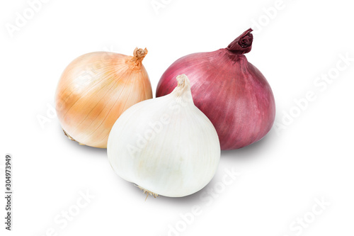 Spanish onions. A yellow, a purple and white bulb, isolated on a white background