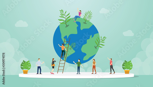 ecology world environment concept with people and world tree growth with modern flat style - vector