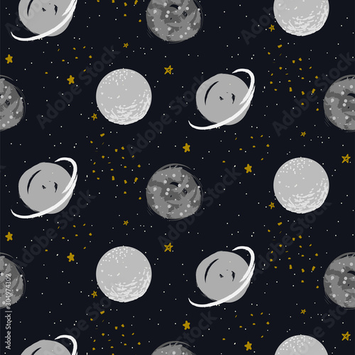 Hand drawn universe seamless vector pattern background blue and gray planets star cosmic shapes.