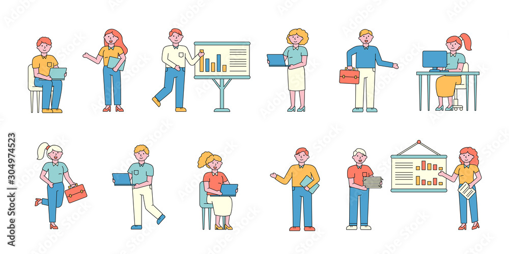 Businessmen and businesswomen flat charers set. Business people professional. Entrepreneurs making presentations and reports, doing paperwork. Office workers, colleagues, company staff Businessmen and businesswomen flat charers set. Business people professional. Entrepreneurs making presentations and reports, doing paperwork. Office workers, colleagues, company staff