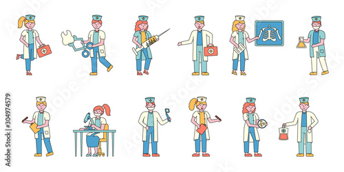 Medical workers flat charers set. People in white uniform coats. Doctors and nurses analyzing health condition. Hospital lab workers doing tests, study samples. Medical examination, treatment
