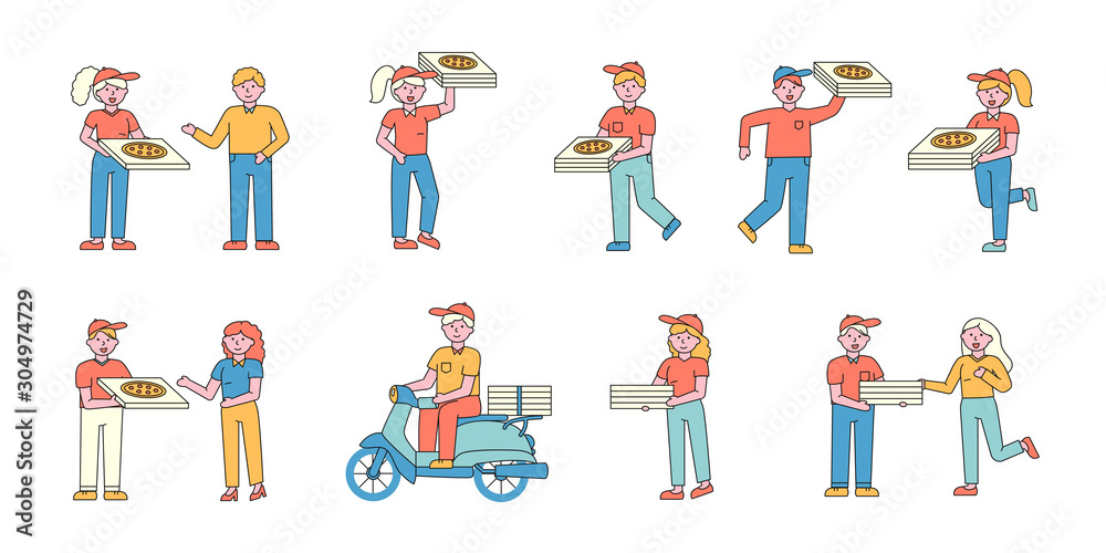Pizza delivery service flat charers set. People ordering Italian snack. Courier on bike delivering fast food cartoon illustration. Food order shipment. Happy client receiving pizza packages Pizza delivery service flat charers set. People ordering Italian snack. Courier on bike delivering fast food cartoon illustration. Food order shipment. Happy client receiving pizza packages
