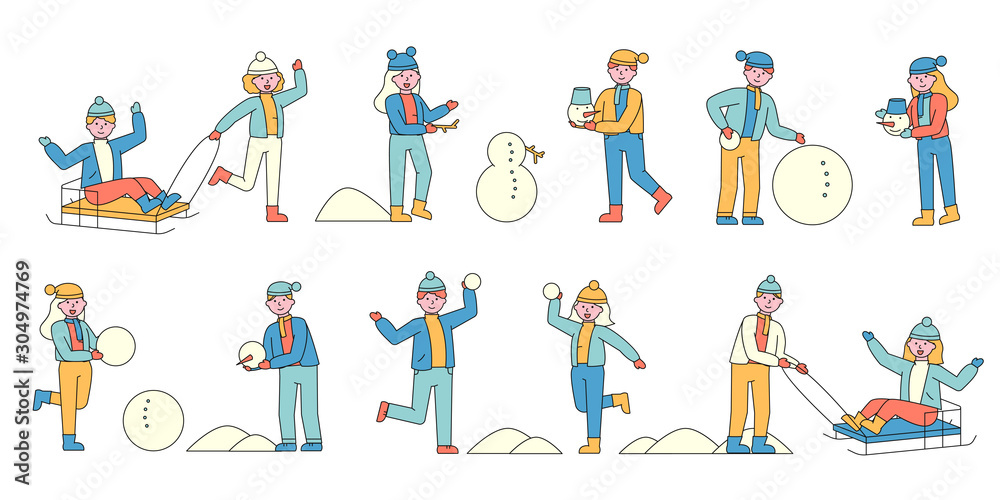 Fototapeta premium People in winter clothes flat charers set. Joyful kids enjoying wintertime ivities. Making snowman. Happy friends, children playing snowballs and sledding. Cold season ive rest