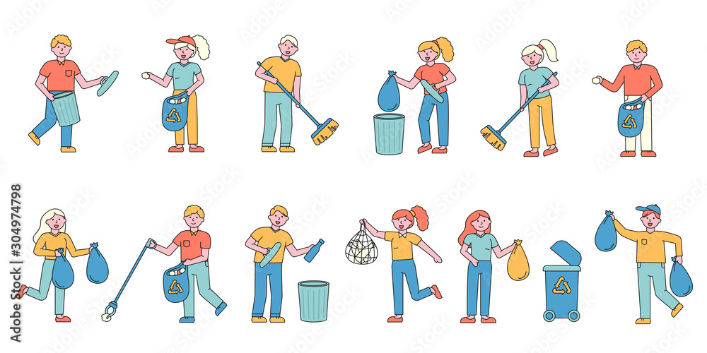 Garbage collecting flat charers set. People sorting glass and plastic litter in containers cartoon illustrations pack. Trash recycling. Waste management , environmental pollution control