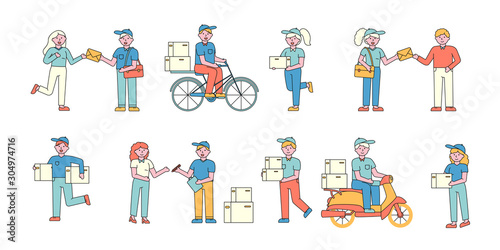 Mail delivery service workers flat charers set. People receiving letters and parcels cartoon illustration pack. Issuing receipt. Express orders shipment. Couriers riding bicycle and scooter